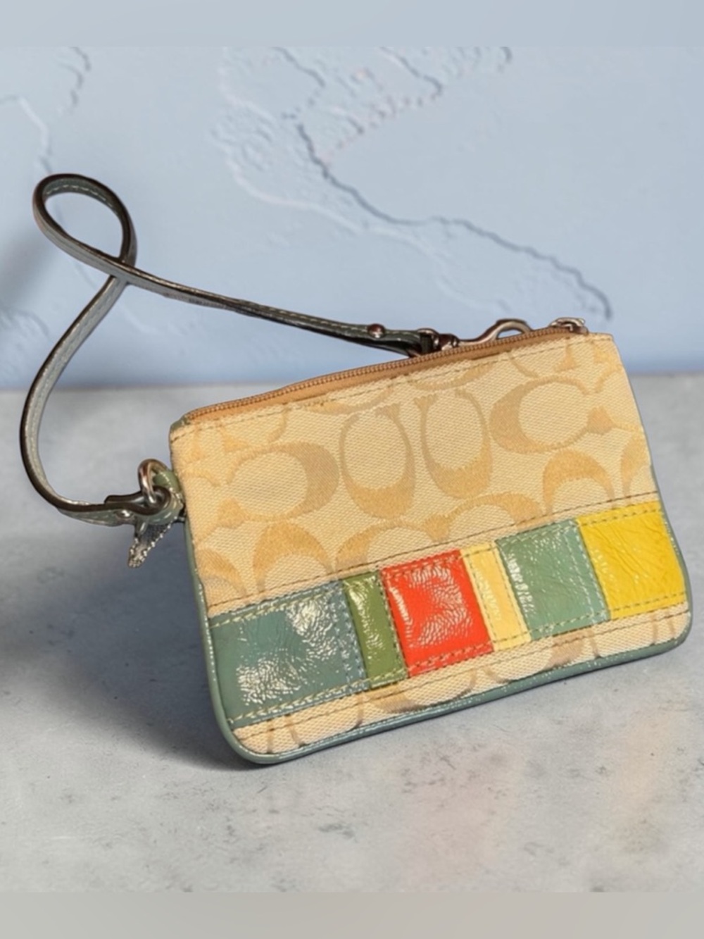 Coach Tan Signature C Multicolor Patent Leather Wristlet